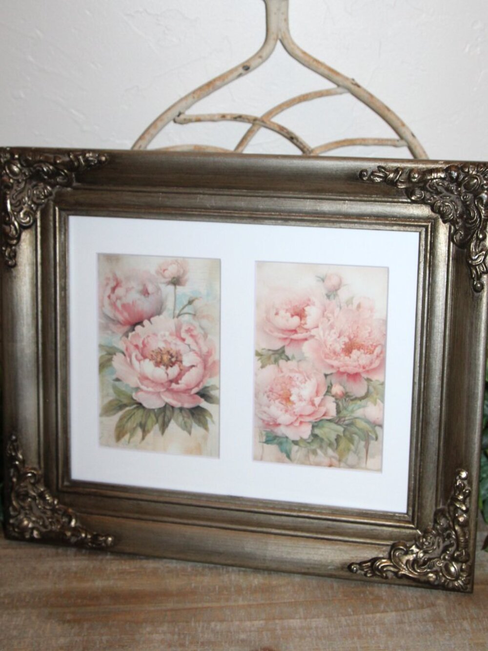 Ornate Shabby Chic French Country Pink Floral Silver Framed Wall Decor Picture